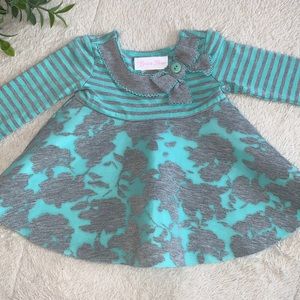 Bonnie Baby 3-6M Gray Blue Striped & Floral Dress EUC